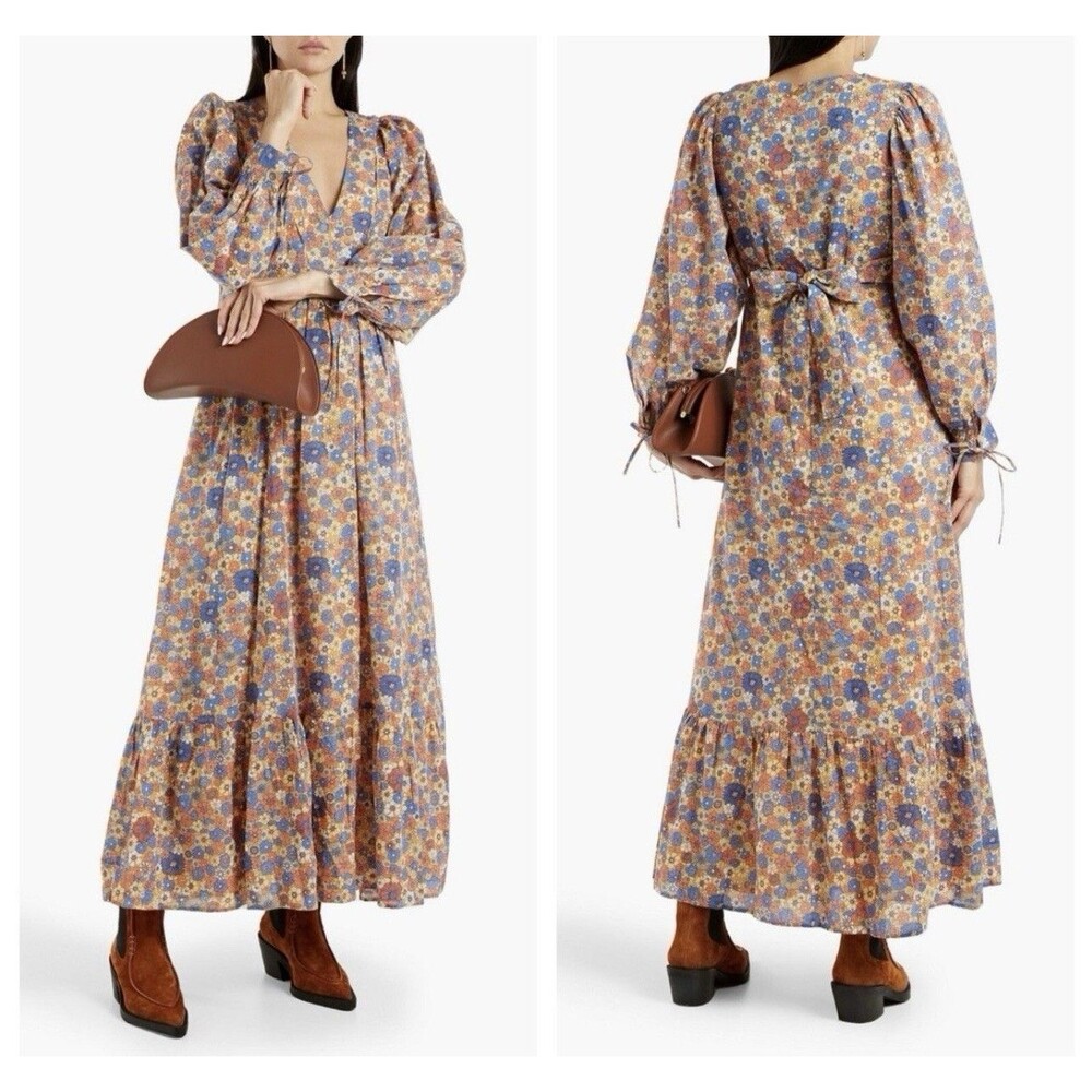 ANTIK BATIK Paolina Gathered Floral Cotton Long Sleeve Maxi Dress Size Small